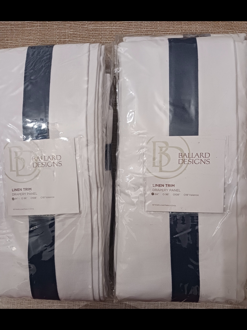 NWT Ballard Designs Linen Trim Drapery Panels White Marine Blue Pair 50x84